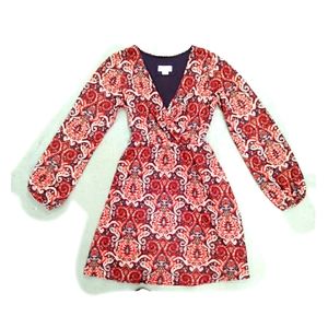 Maeve v neck red and pink paisley dress M